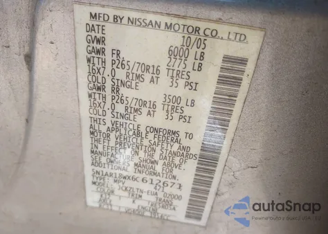2006 Nissan Pathfinder Se z USA, uszkodzony, nr VIN 5N1AR18WX6C612671